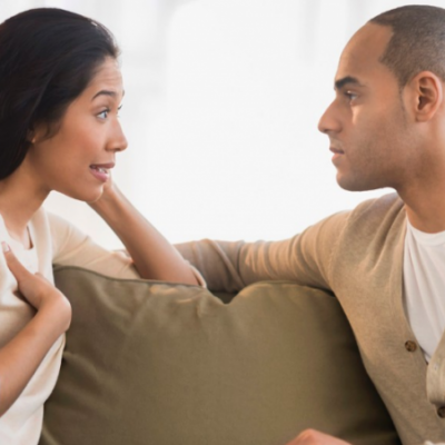 How to Prevent Divorce young couple talking on a couch. Woman speaking in "I" voice.