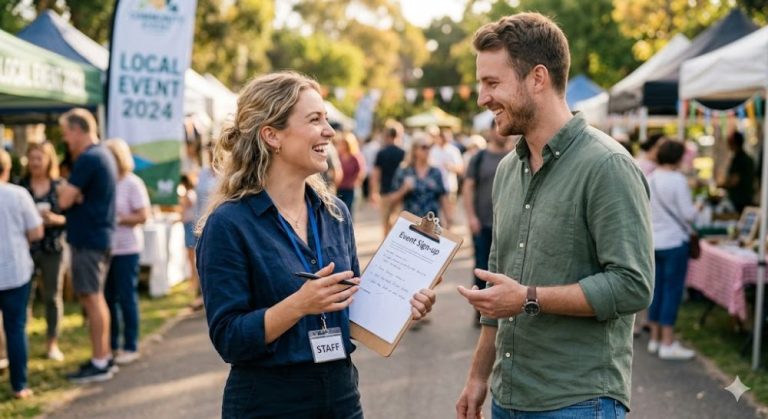 woman with clipboard talking to man